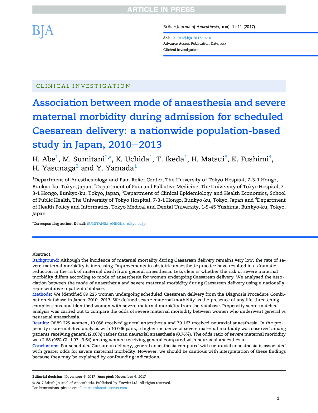 Association between mode of anaesthesia and severe maternal morbidity during admission for scheduled Caesarean delivery: a nationwide population-based study in Japan, 2010-2013