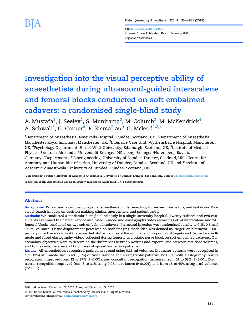 Investigation into the visual perceptive ability of anaesthetists during ultrasound-guided interscalene and femoral blocks conducted on soft embalmed cadavers: a randomised single-blind study