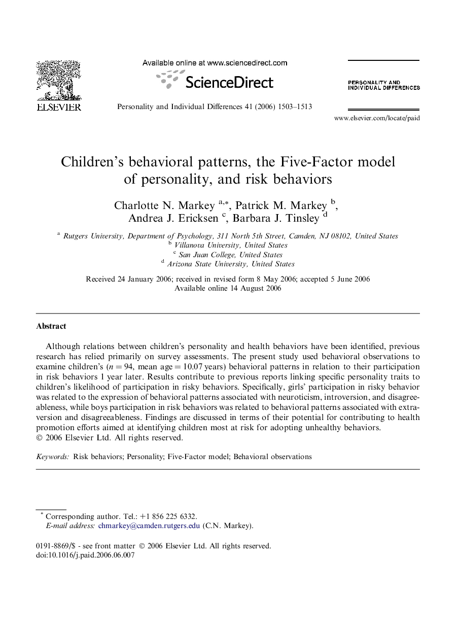 Children’s behavioral patterns, the Five-Factor model of personality, and risk behaviors