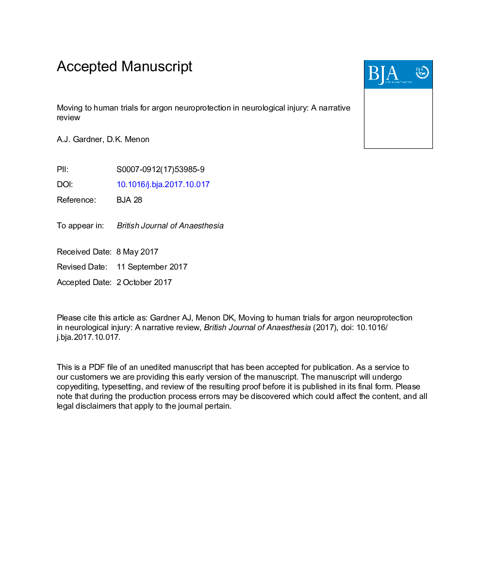 Moving to human trials for argon neuroprotection in neurological injury: a narrative review