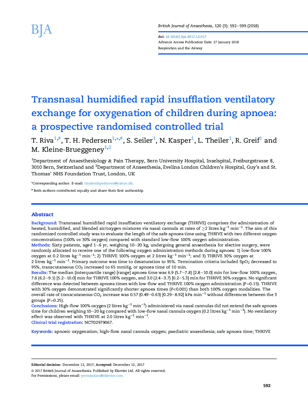 Transnasal humidified rapid insufflation ventilatory exchange for oxygenation of children during apnoea: a prospective randomised controlled trial