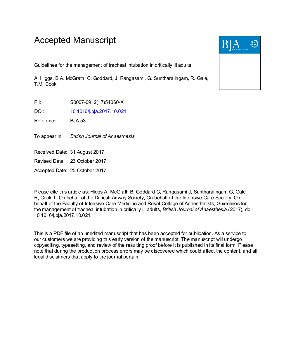 Guidelines for the management of tracheal intubation in critically ill adults