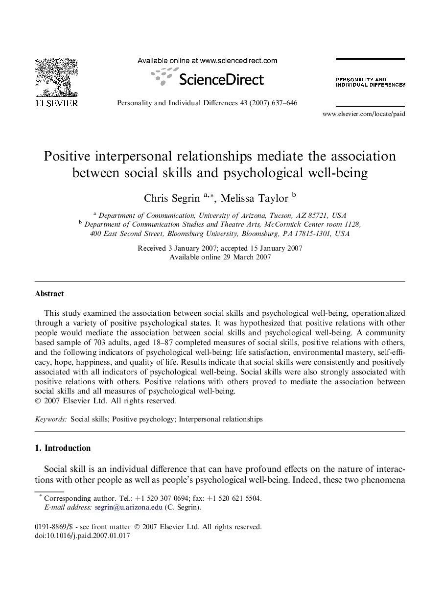 Positive interpersonal relationships mediate the association between social skills and psychological well-being