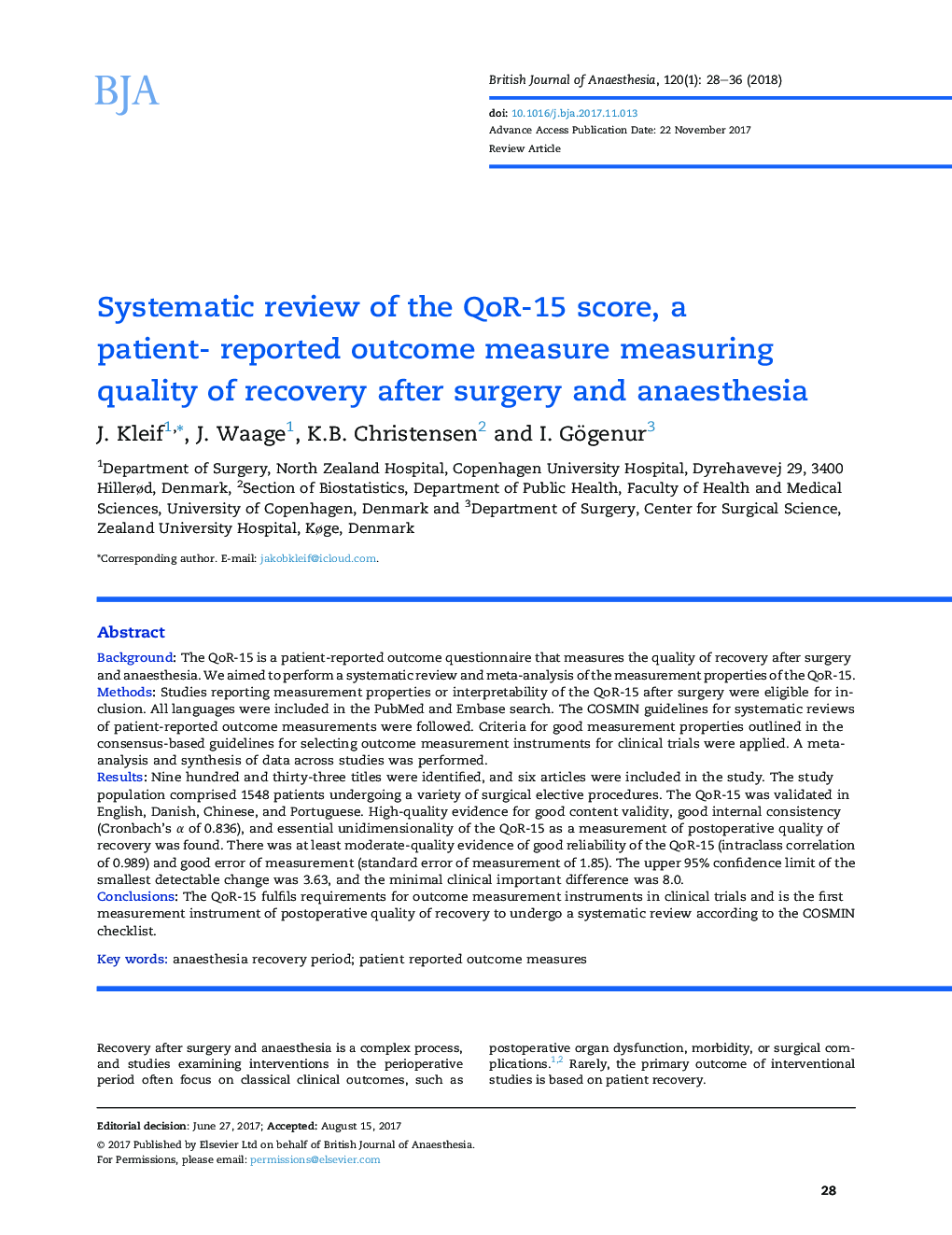 Systematic review of the QoR-15 score, a patient- reported outcome measure measuring quality of recovery after surgery and anaesthesia