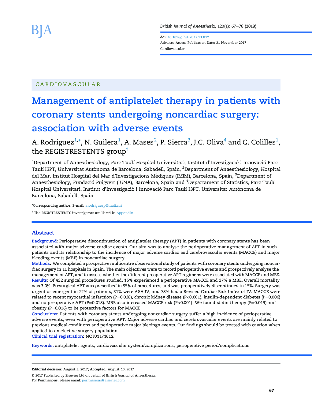 Management of antiplatelet therapy in patients with coronary stents undergoing noncardiac surgery: association with adverse events