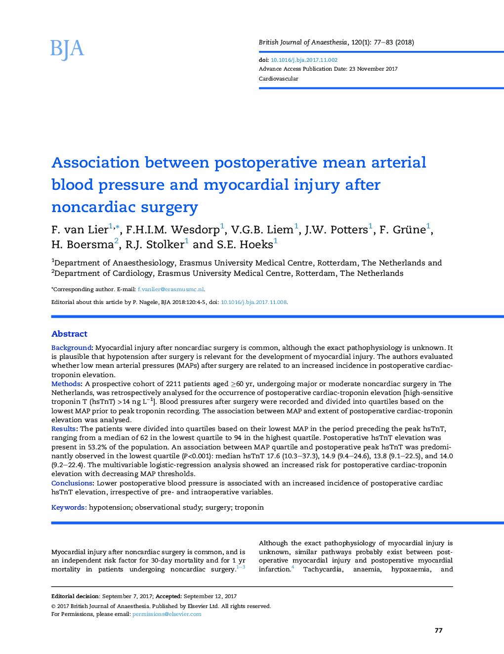 Association between postoperative mean arterial blood pressure and myocardial injury after noncardiac surgery