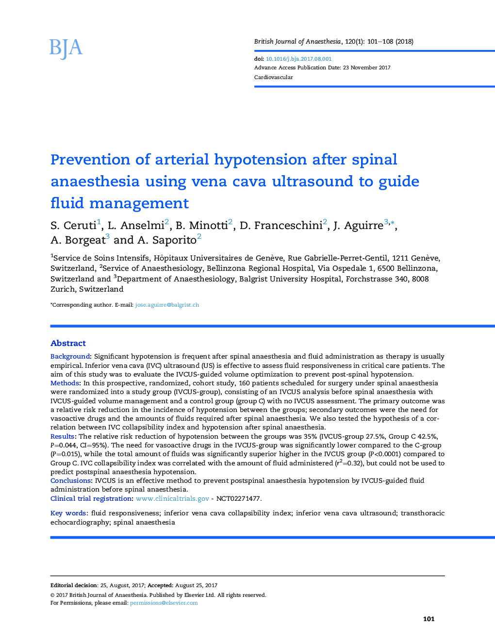 Prevention of arterial hypotension after spinal anaesthesia using vena cava ultrasound to guide fluid management