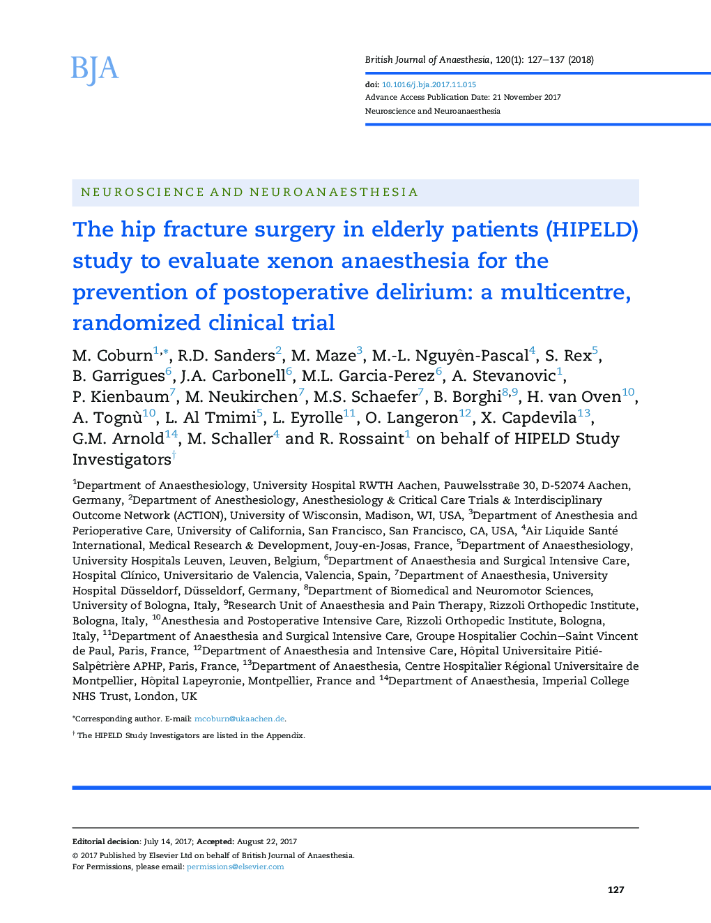 The hip fracture surgery in elderly patients (HIPELD) study to evaluate xenon anaesthesia for the prevention of postoperative delirium: a multicentre, randomized clinical trial
