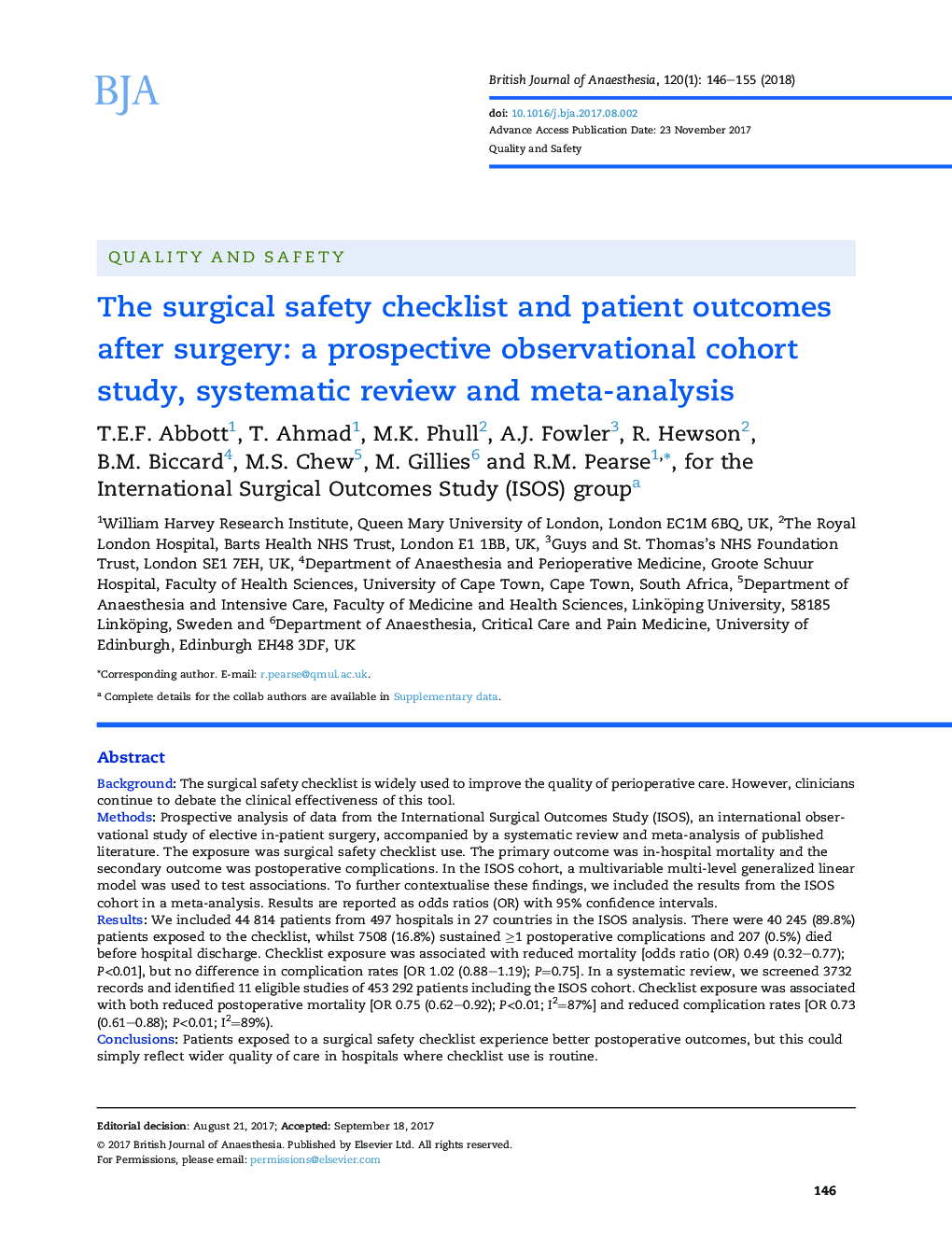 The surgical safety checklist and patient outcomes after surgery: a prospective observational cohort study, systematic review and meta-analysis