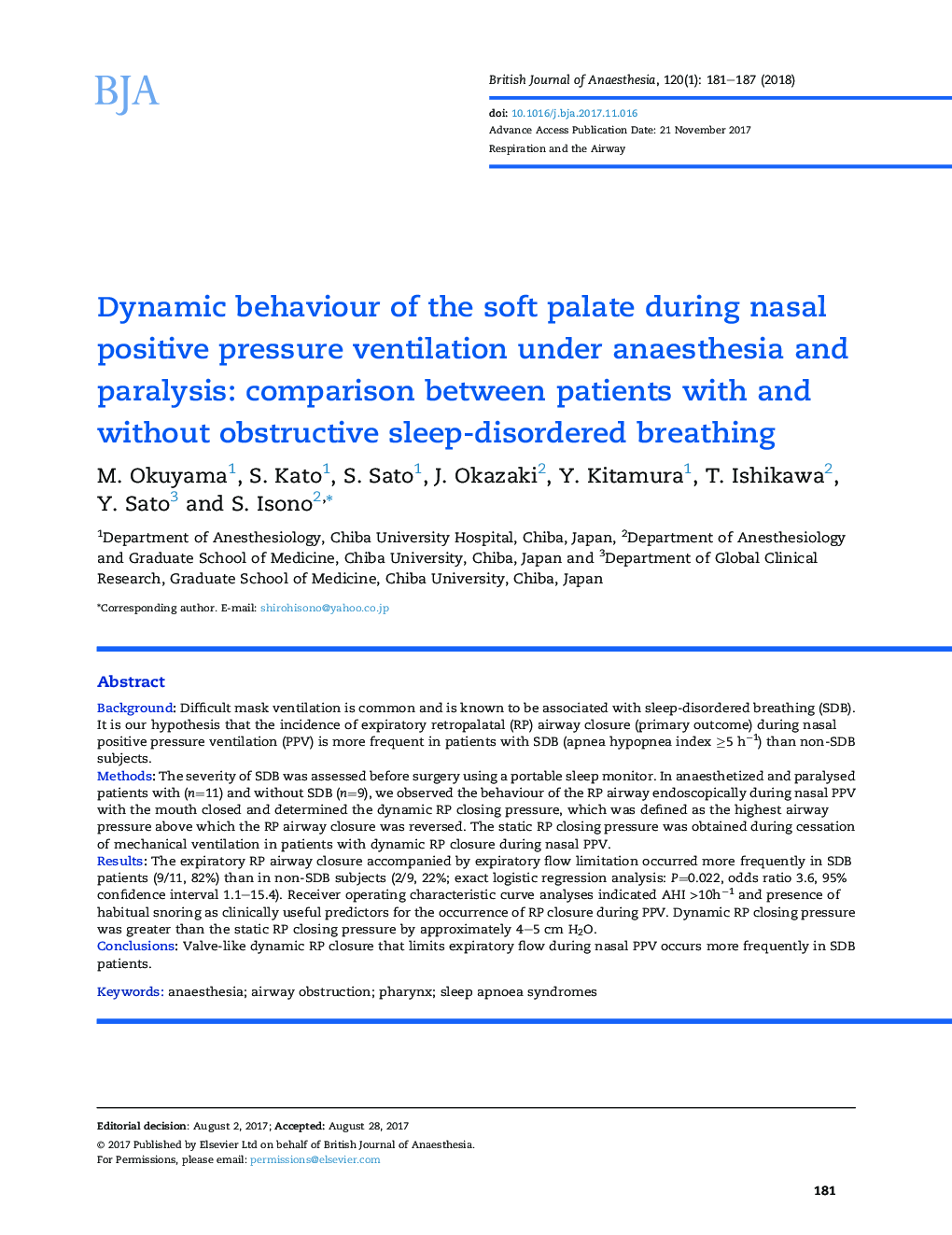 Dynamic behaviour of the soft palate during nasal positive pressure ventilation under anaesthesia and paralysis: comparison between patients with and without obstructive sleep-disordered breathing