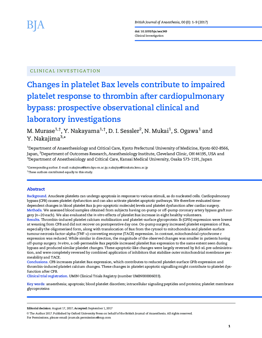 Changes in platelet Bax levels contribute to impaired platelet response to thrombin after cardiopulmonary bypass: prospective observational clinical and laboratory investigations