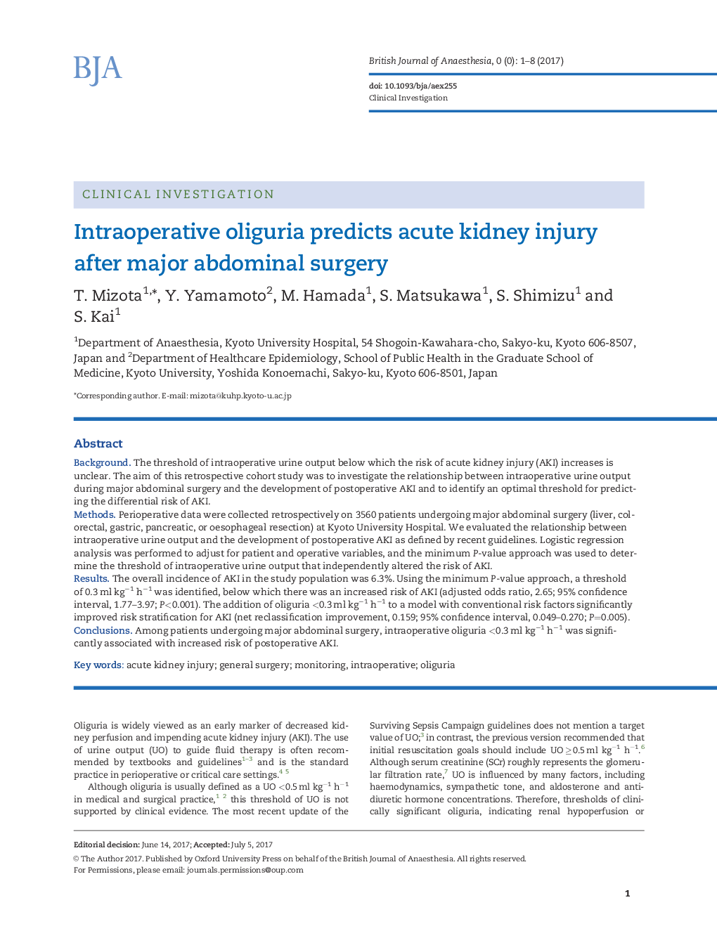 Intraoperative oliguria predicts acute kidney injury after major abdominal surgery