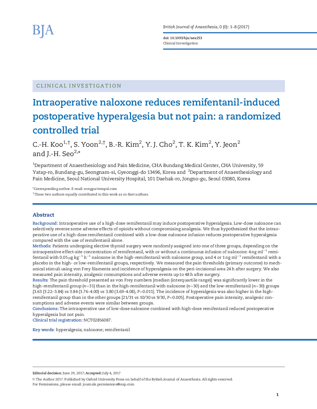 Intraoperative naloxone reduces remifentanil-induced postoperative hyperalgesia but not pain: a randomized controlled trial