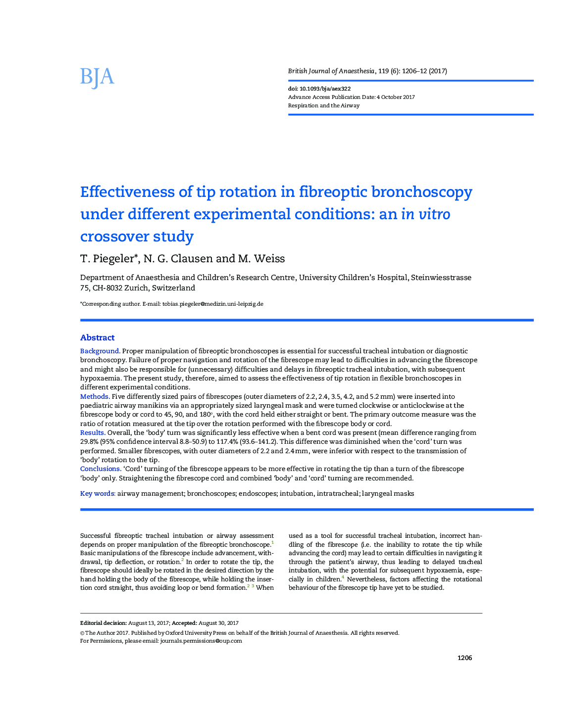 Effectiveness of tip rotation in fibreoptic bronchoscopy under different experimental conditions: an in vitro crossover study