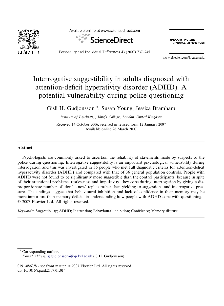 Interrogative suggestibility in adults diagnosed with attention-deficit hyperativity disorder (ADHD). A potential vulnerability during police questioning