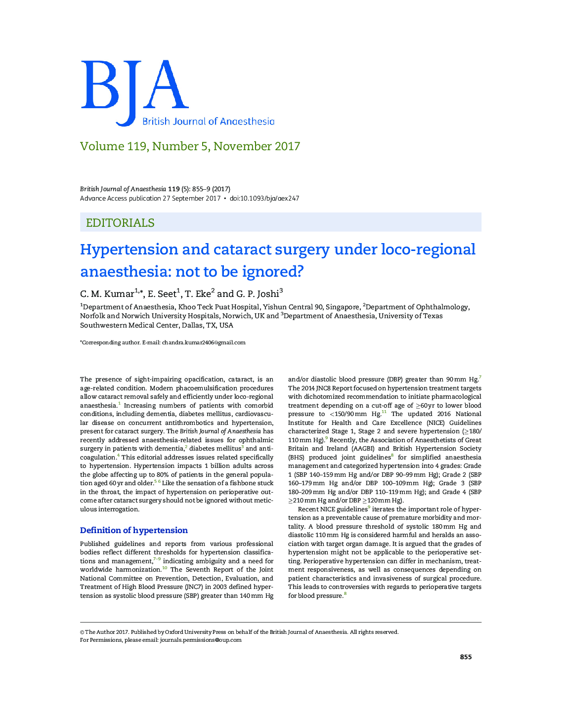 Hypertension and cataract surgery under loco-regional anaesthesia: not to be ignored?