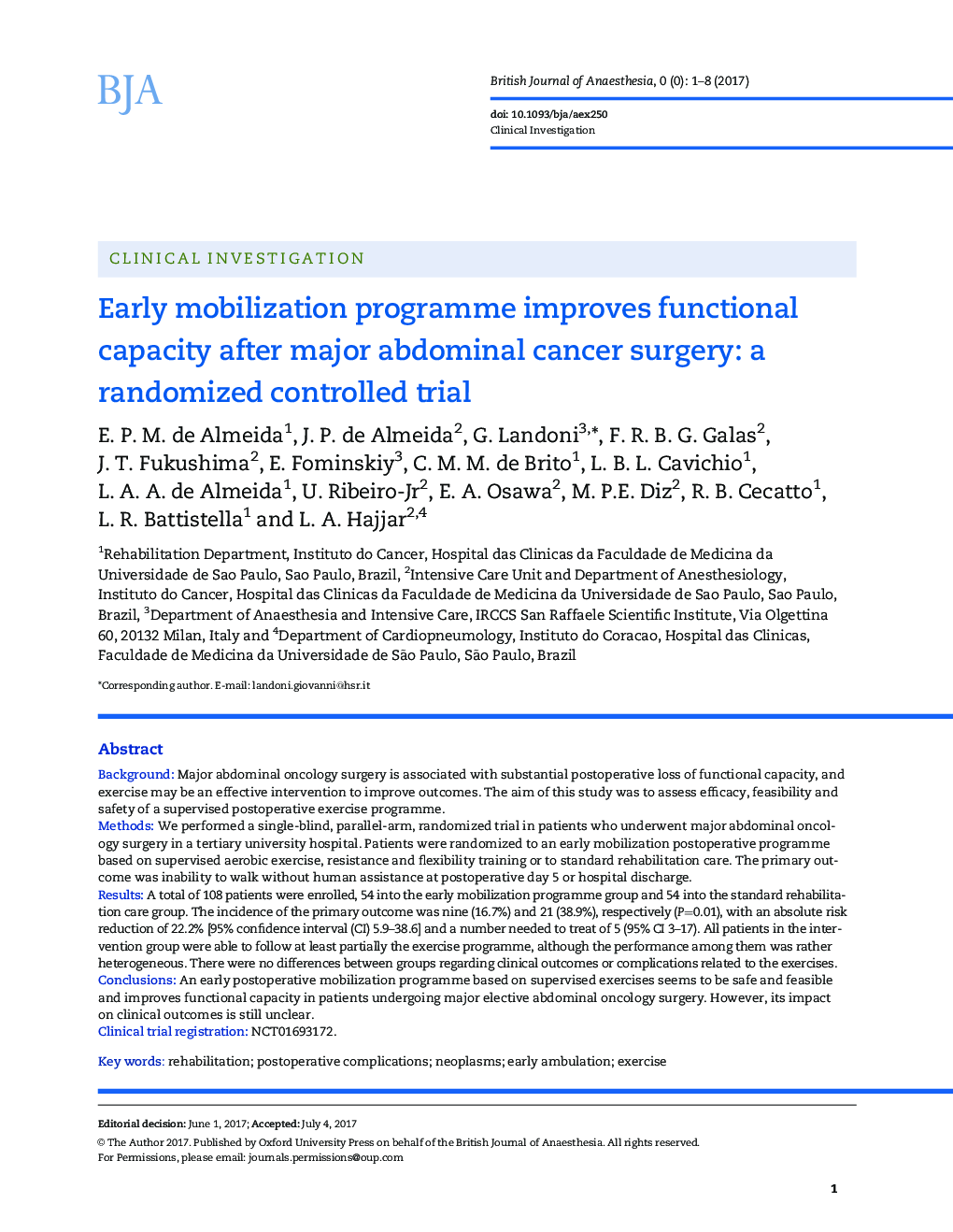Early mobilization programme improves functional capacity after major abdominal cancer surgery: a randomized controlled trial