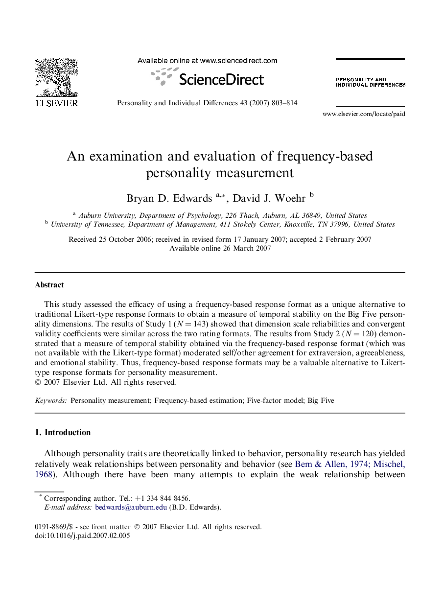 An examination and evaluation of frequency-based personality measurement