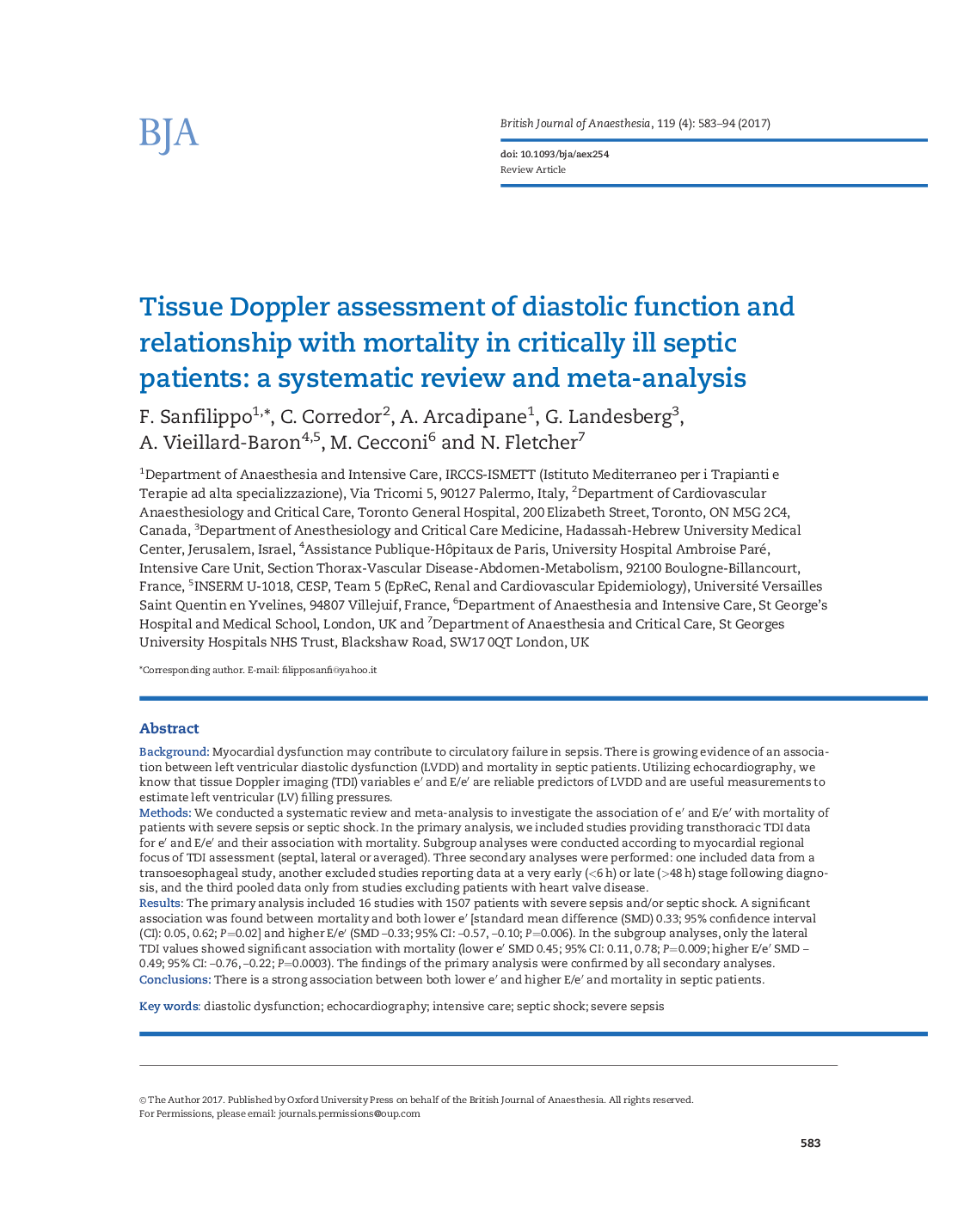 Tissue Doppler assessment of diastolic function and relationship with mortality in critically ill septic patients: a systematic review and meta-analysis