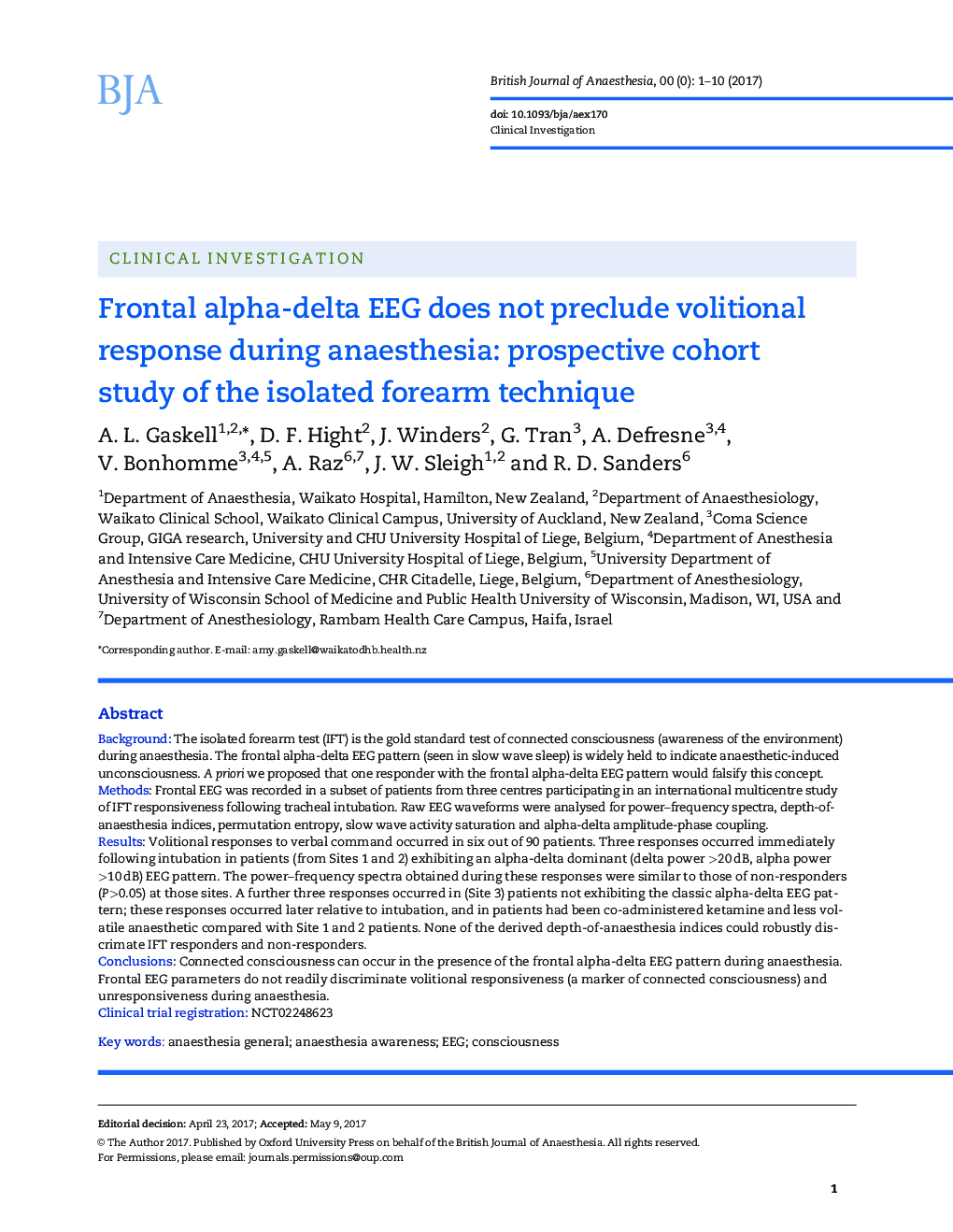 Frontal alpha-delta EEG does not preclude volitional response during anaesthesia: prospective cohort study of the isolated forearm technique