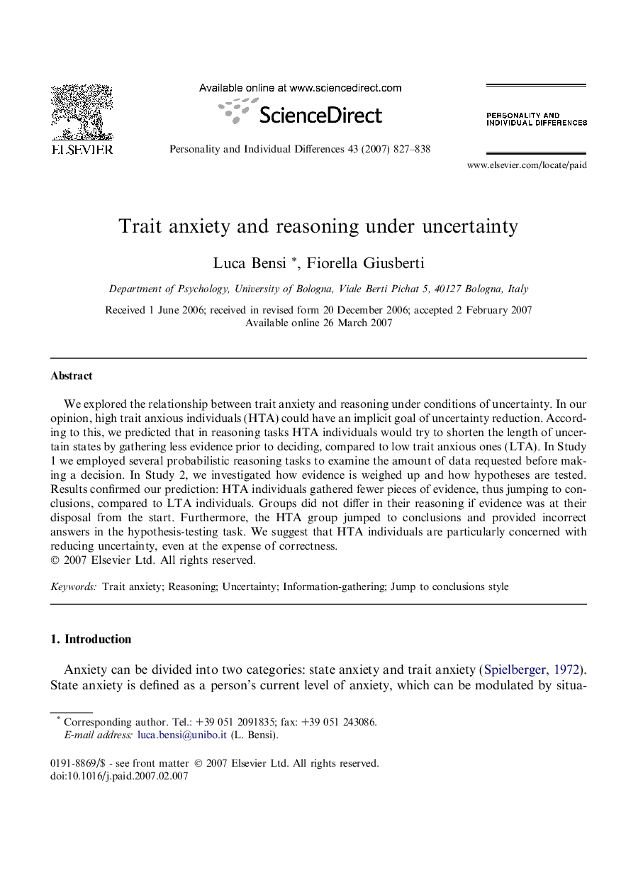 Trait anxiety and reasoning under uncertainty