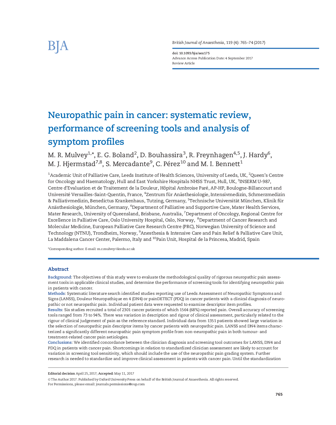 Neuropathic pain in cancer: systematic review, performance of screening tools and analysis of symptom profiles