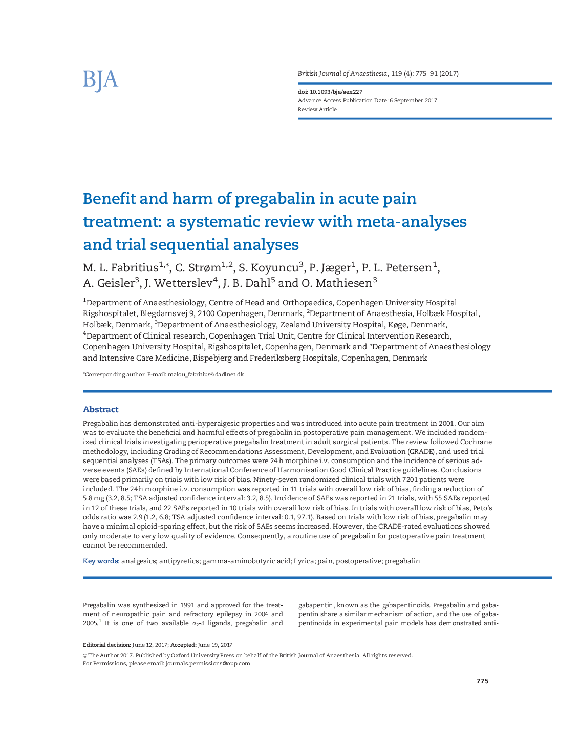 Benefit and harm of pregabalin in acute pain treatment: a systematic review with meta-analyses and trial sequential analyses