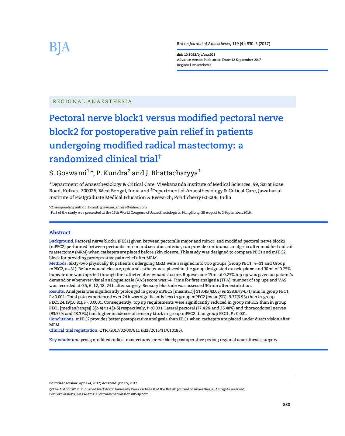 Pectoral nerve block1 versus modified pectoral nerve block2 for postoperative pain relief in patients undergoing modified radical mastectomy: a randomized clinical trialâ 