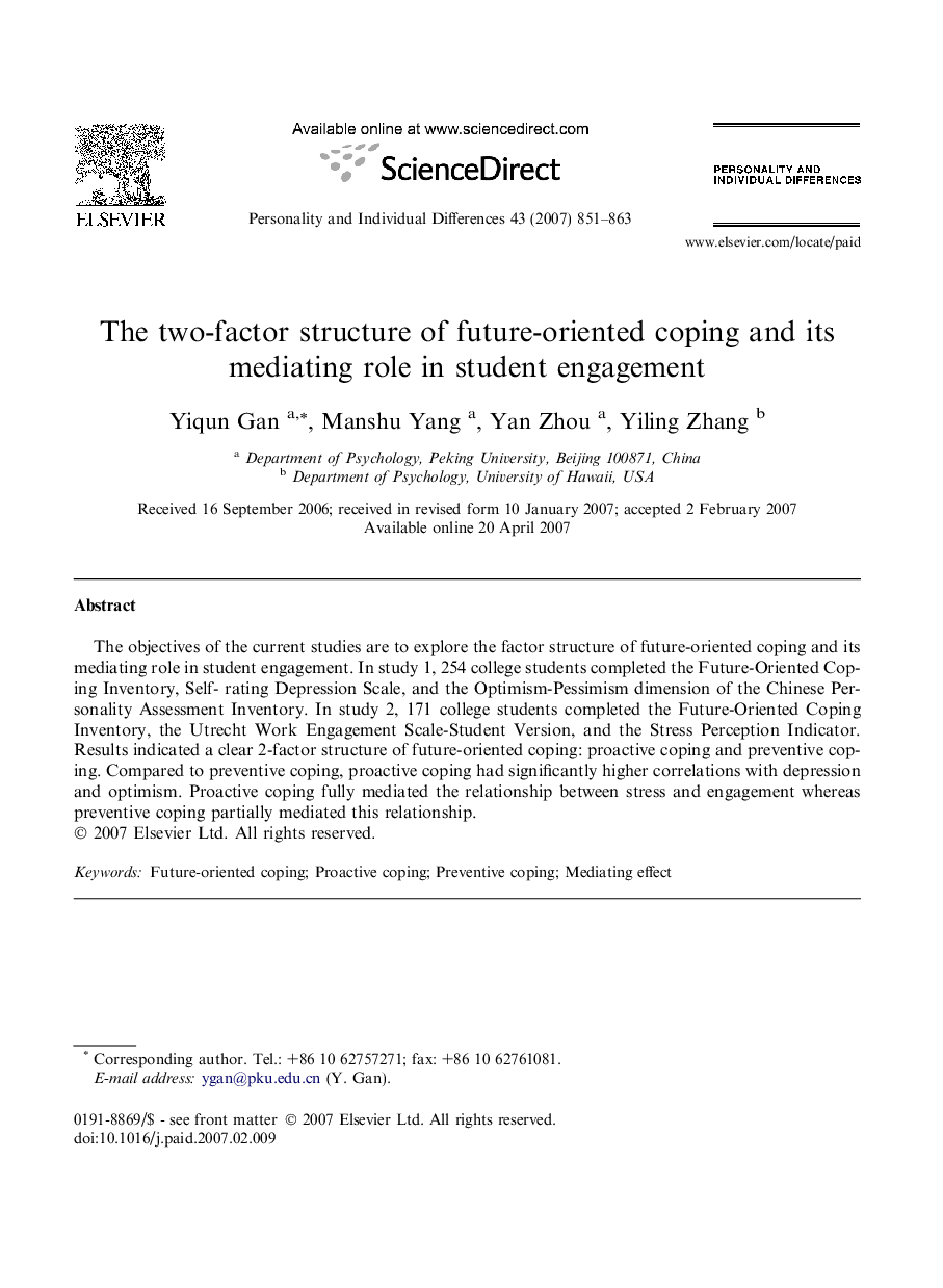 The two-factor structure of future-oriented coping and its mediating role in student engagement