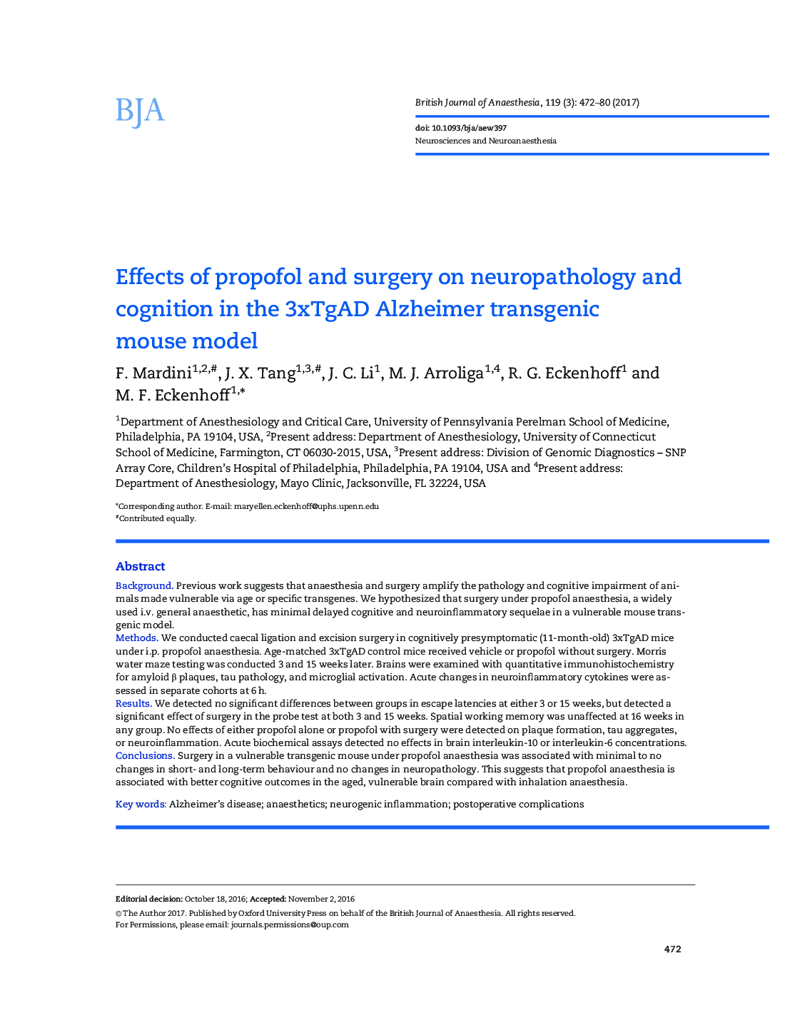 Effects of propofol and surgery on neuropathology and cognition in the 3xTgAD Alzheimer transgenic mouse model