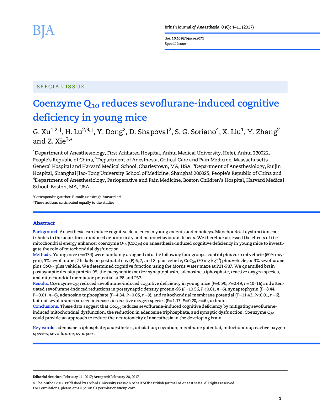 Coenzyme Q10 reduces sevoflurane-induced cognitive deficiency in young mice