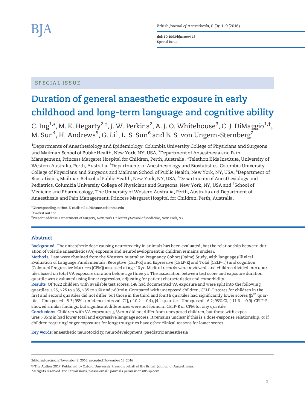 Duration of general anaesthetic exposure in early childhood and long-term language and cognitive ability