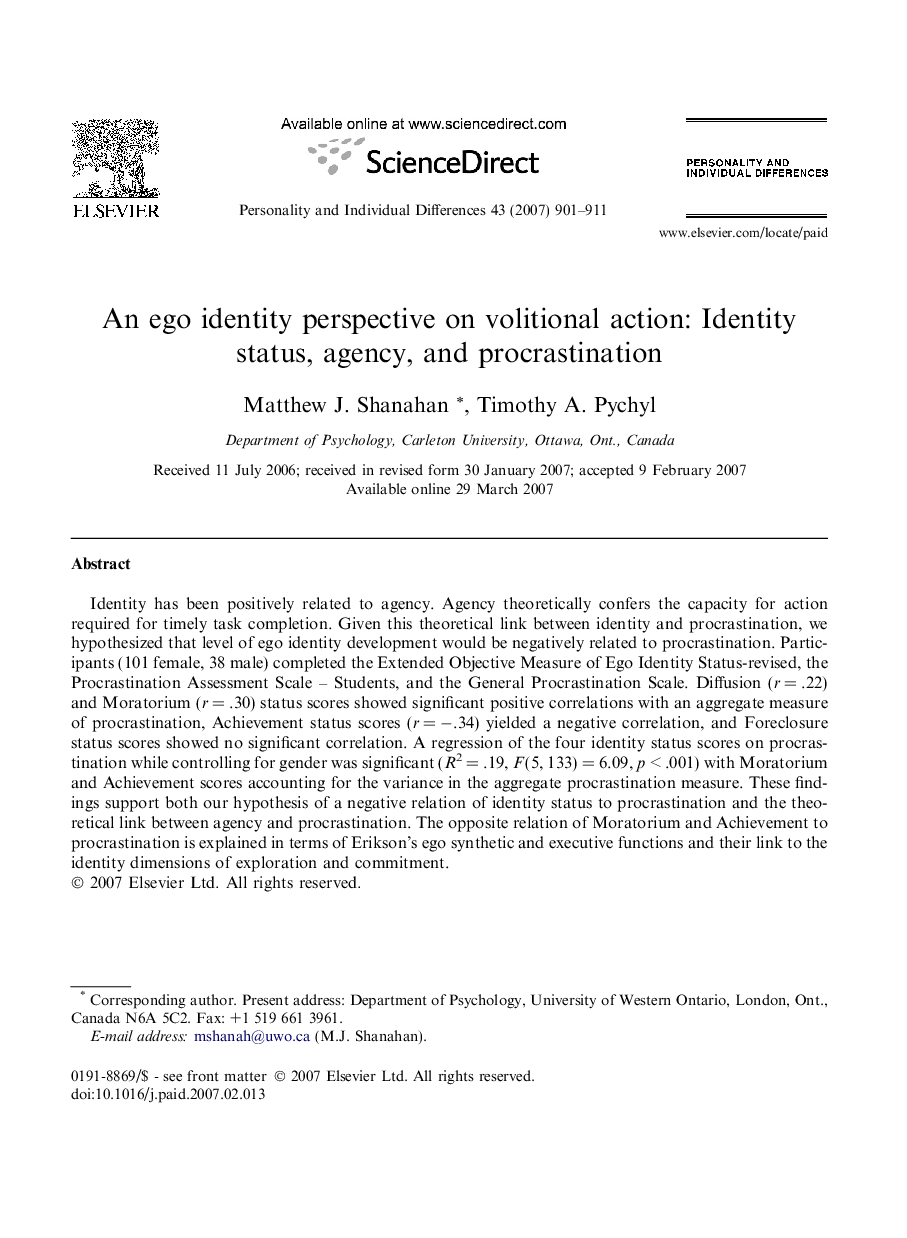 An ego identity perspective on volitional action: Identity status, agency, and procrastination