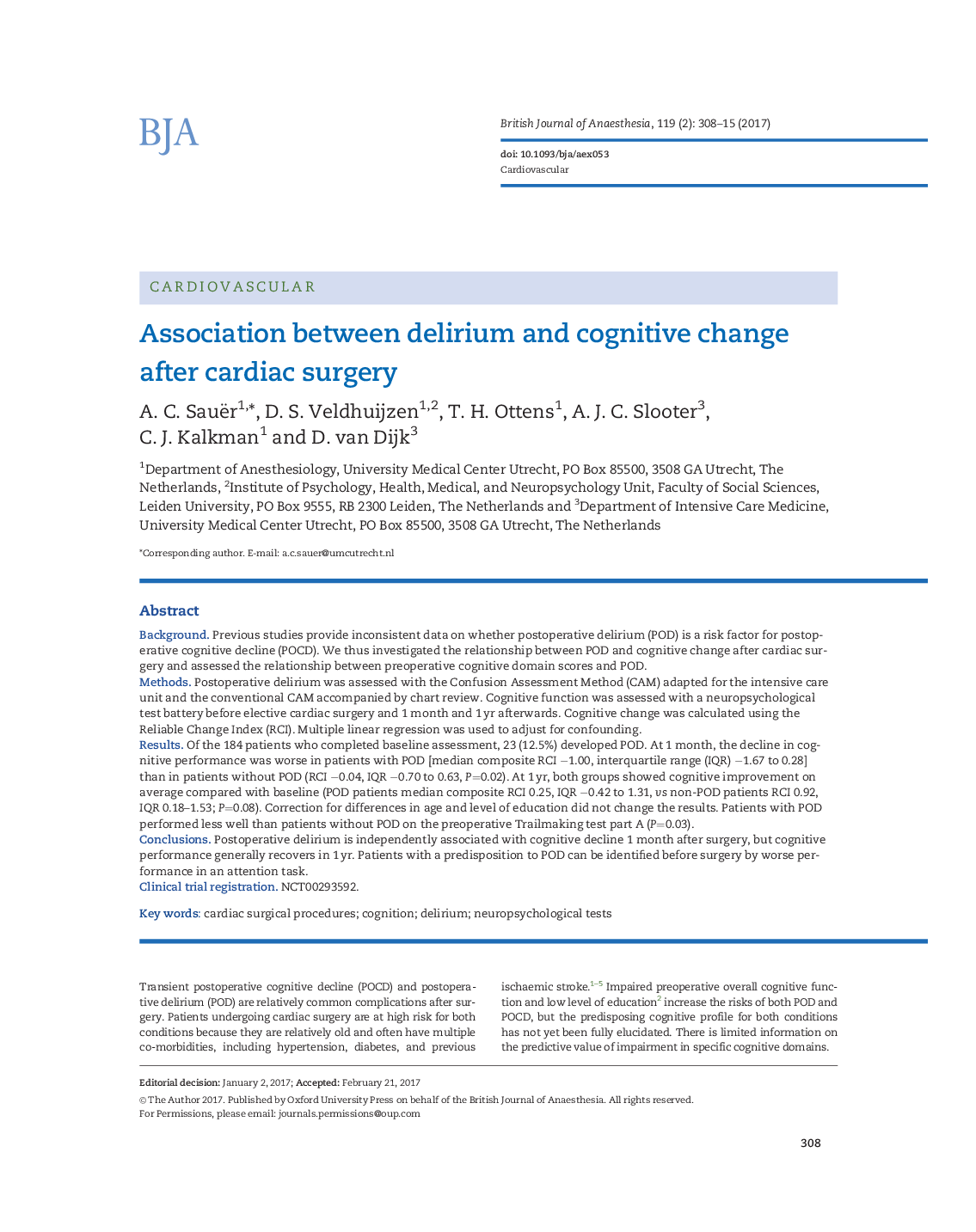 Association between delirium and cognitive change after cardiac surgery