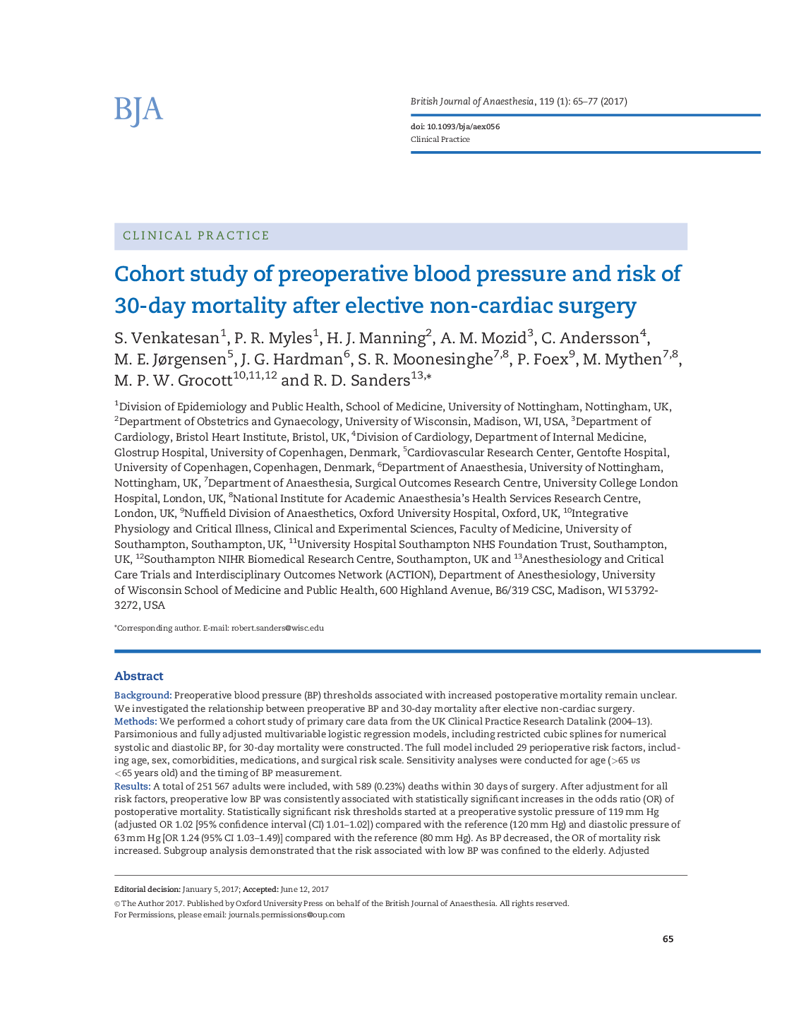 Cohort study of preoperative blood pressure and risk of 30-day mortality after elective non-cardiac surgery