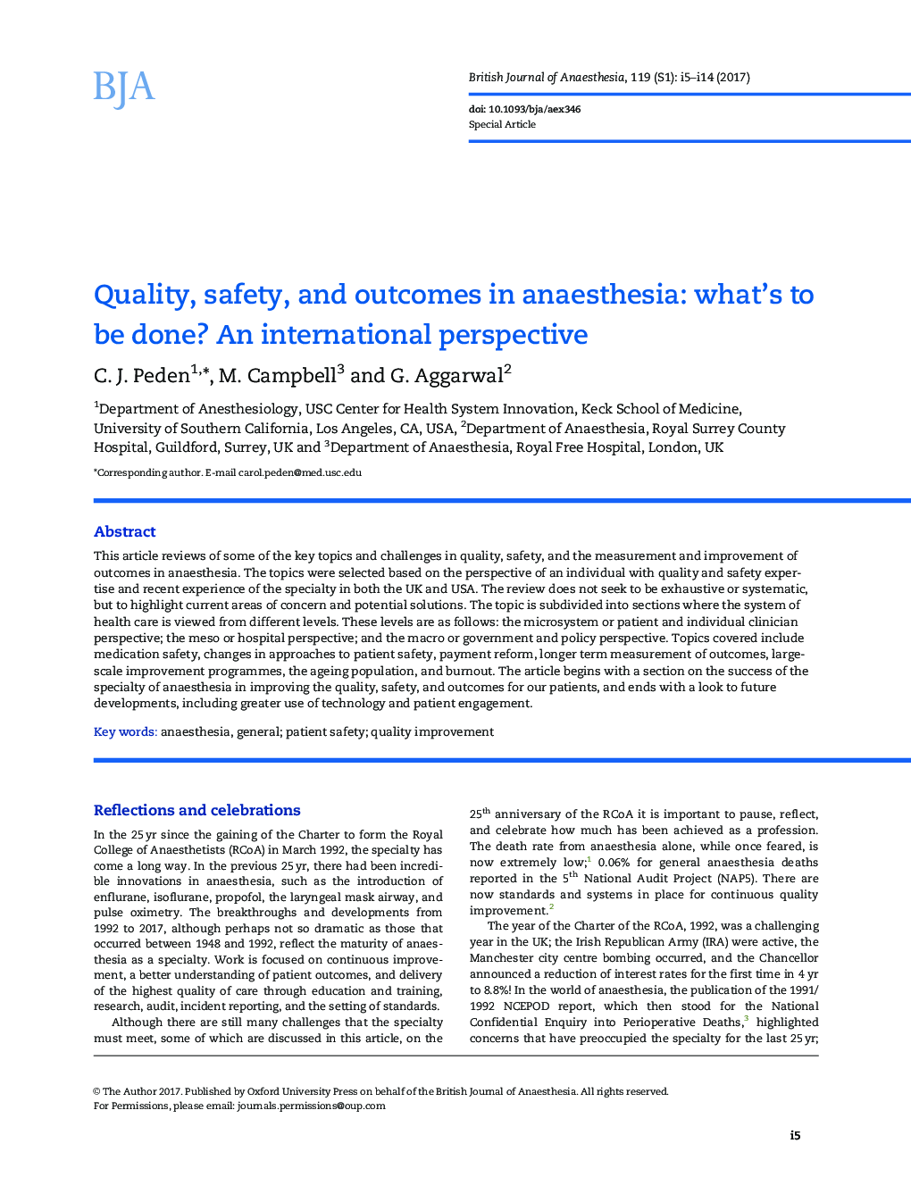 Quality, safety, and outcomes in anaesthesia: what's to be done? An international perspective