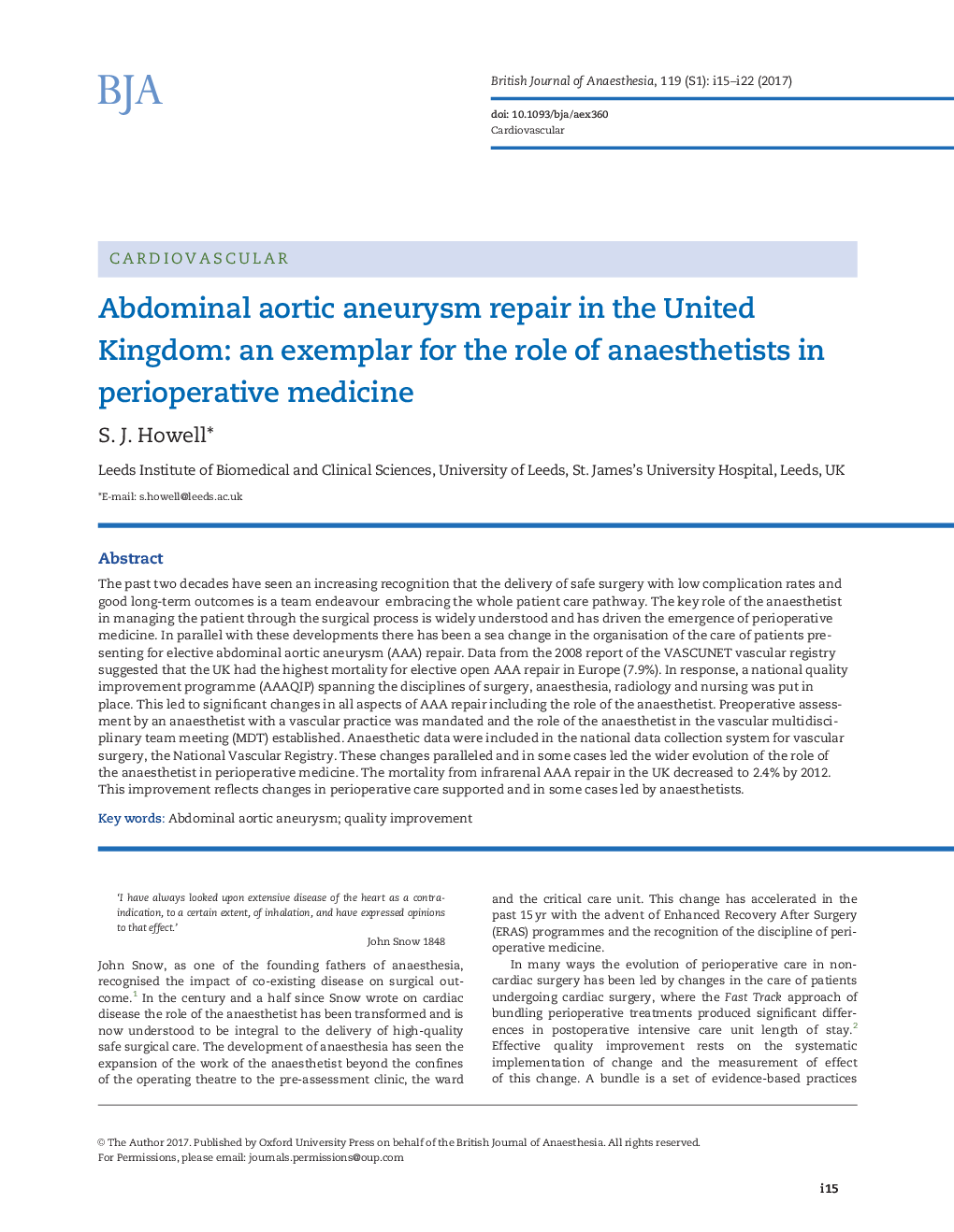 Abdominal aortic aneurysm repair in the United Kingdom: an exemplar for the role of anaesthetists in perioperative medicine