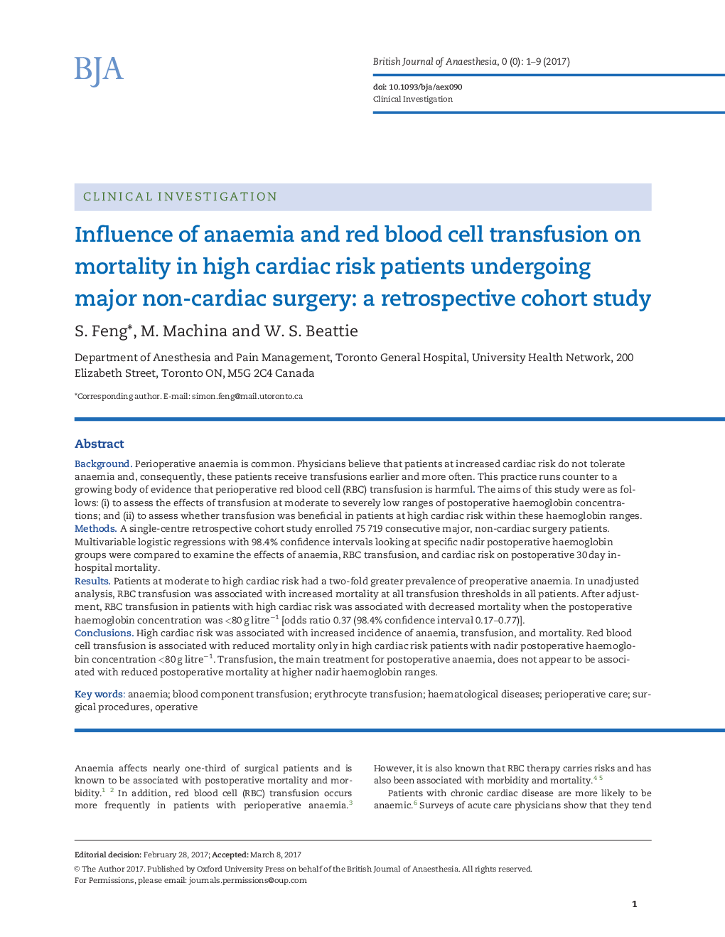 Influence of anaemia and red blood cell transfusion on mortality in high cardiac risk patients undergoing major non-cardiac surgery: a retrospective cohort study