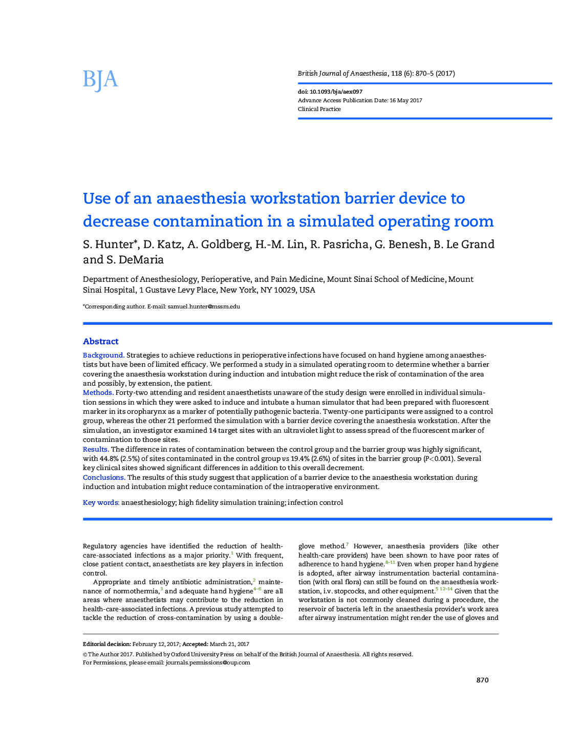 Use of an anaesthesia workstation barrier device to decrease contamination in a simulated operating room