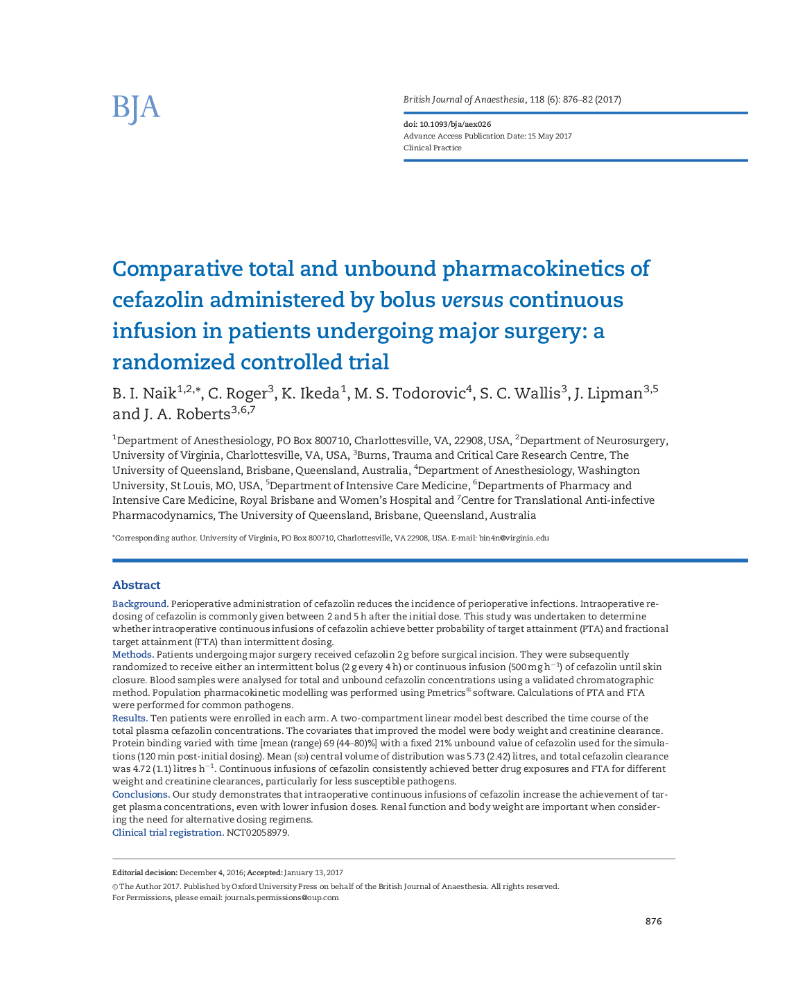 Comparative total and unbound pharmacokinetics of cefazolin administered by bolus versus continuous infusion in patients undergoing major surgery: a randomized controlled trial