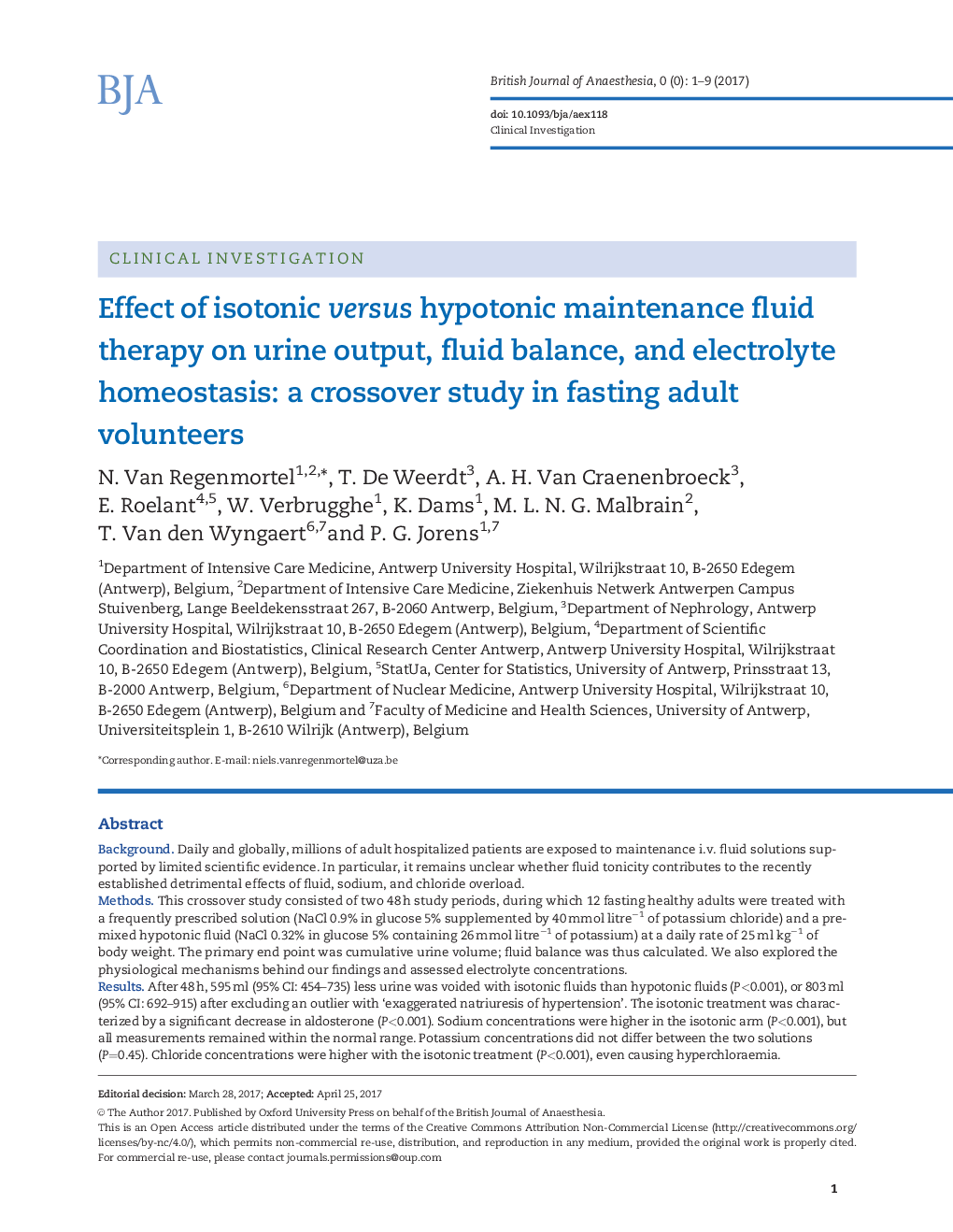 تاثیر مایع درمانی ایزوتونیک و نگهدارنده هیپوتونیک بر میزان تولید ادرار، تعادل مایع و هوموتازی الکترولیت: مطالعه متقاطع در داوطلب بزرگسالان روزه 