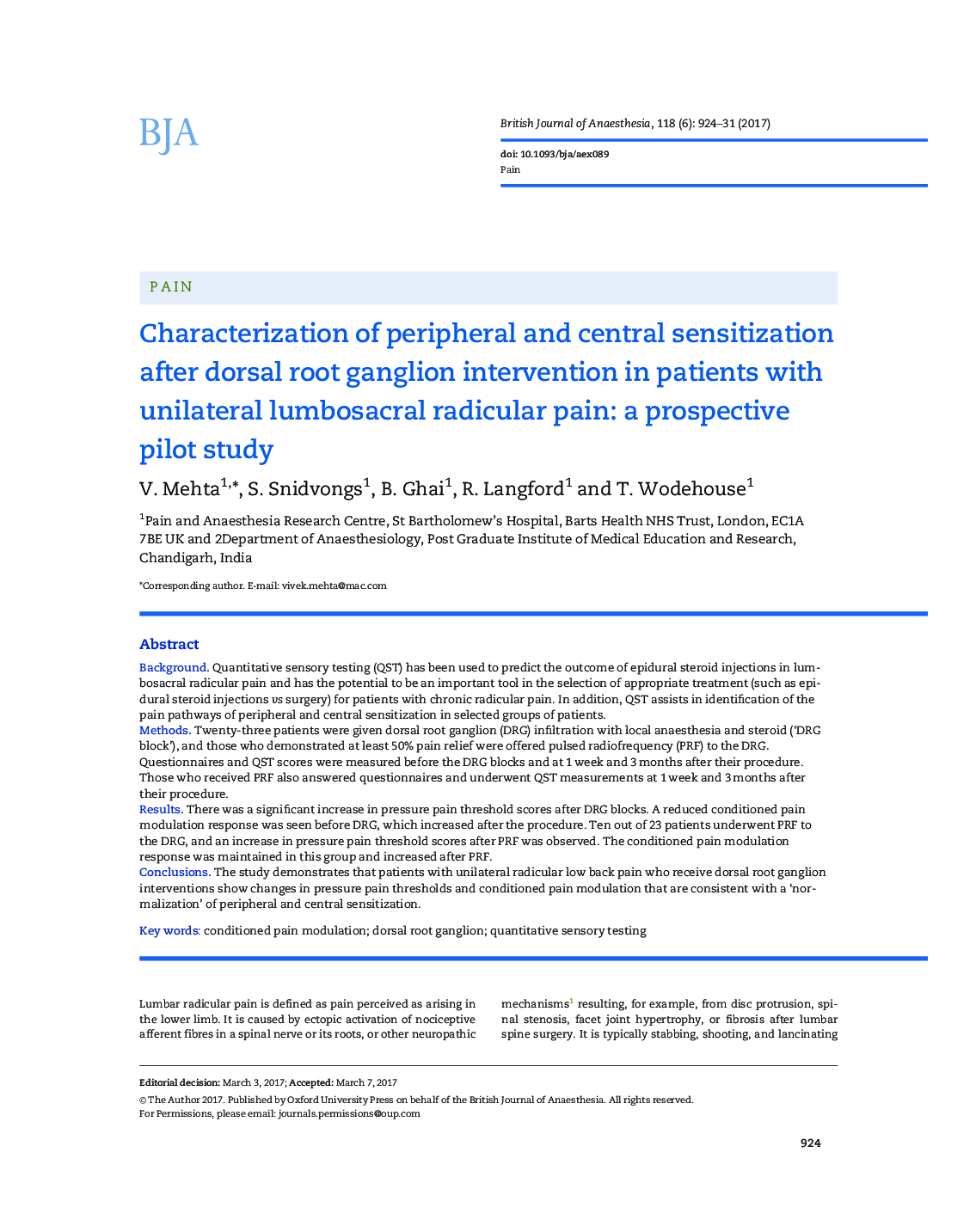 Characterization of peripheral and central sensitization after dorsal root ganglion intervention in patients with unilateral lumbosacral radicular pain: a prospective pilot study