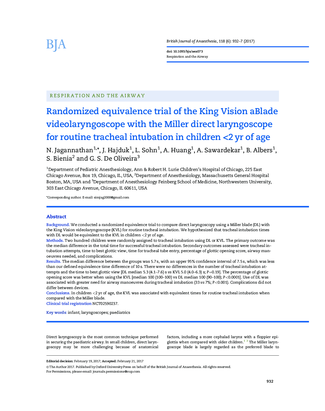 Randomized equivalence trial of the King Vision aBlade videolaryngoscope with the Miller direct laryngoscope for routine tracheal intubation in children <2âyr of age