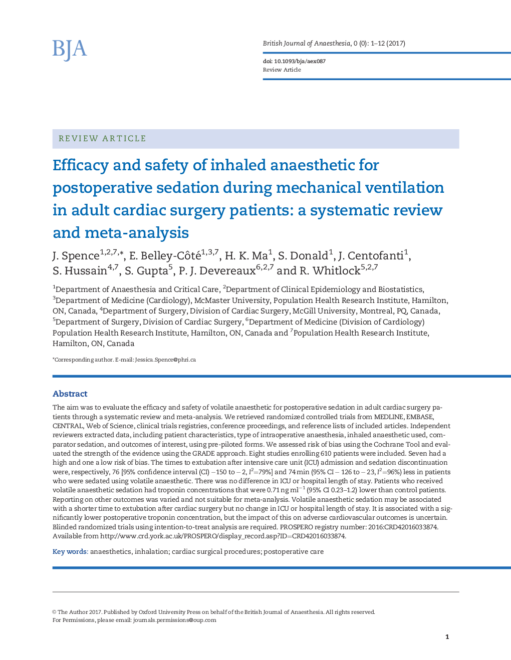 Efficacy and safety of inhaled anaesthetic for postoperative sedation during mechanical ventilation in adult cardiac surgery patients: a systematic review and meta-analysis