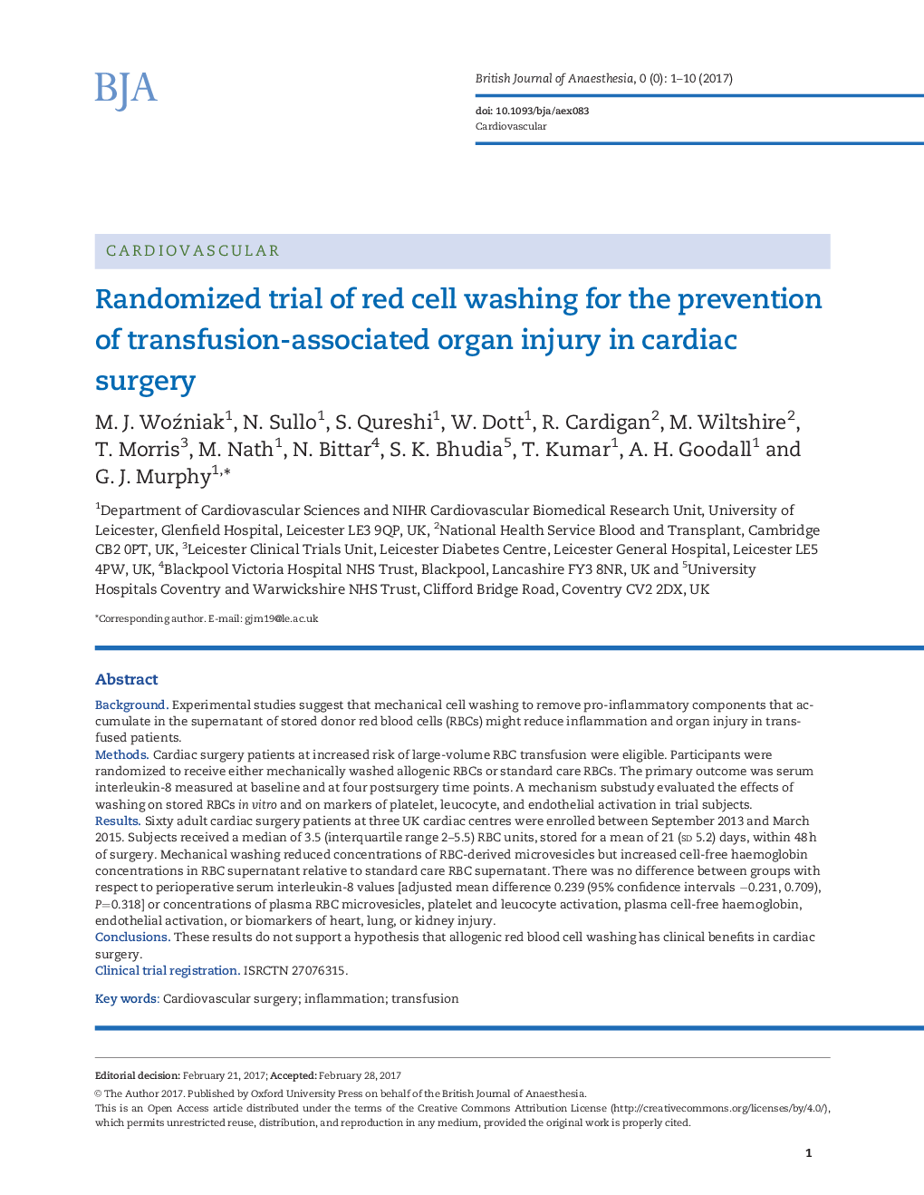 Randomized trial of red cell washing for the prevention of transfusion-associated organ injury in cardiac surgery