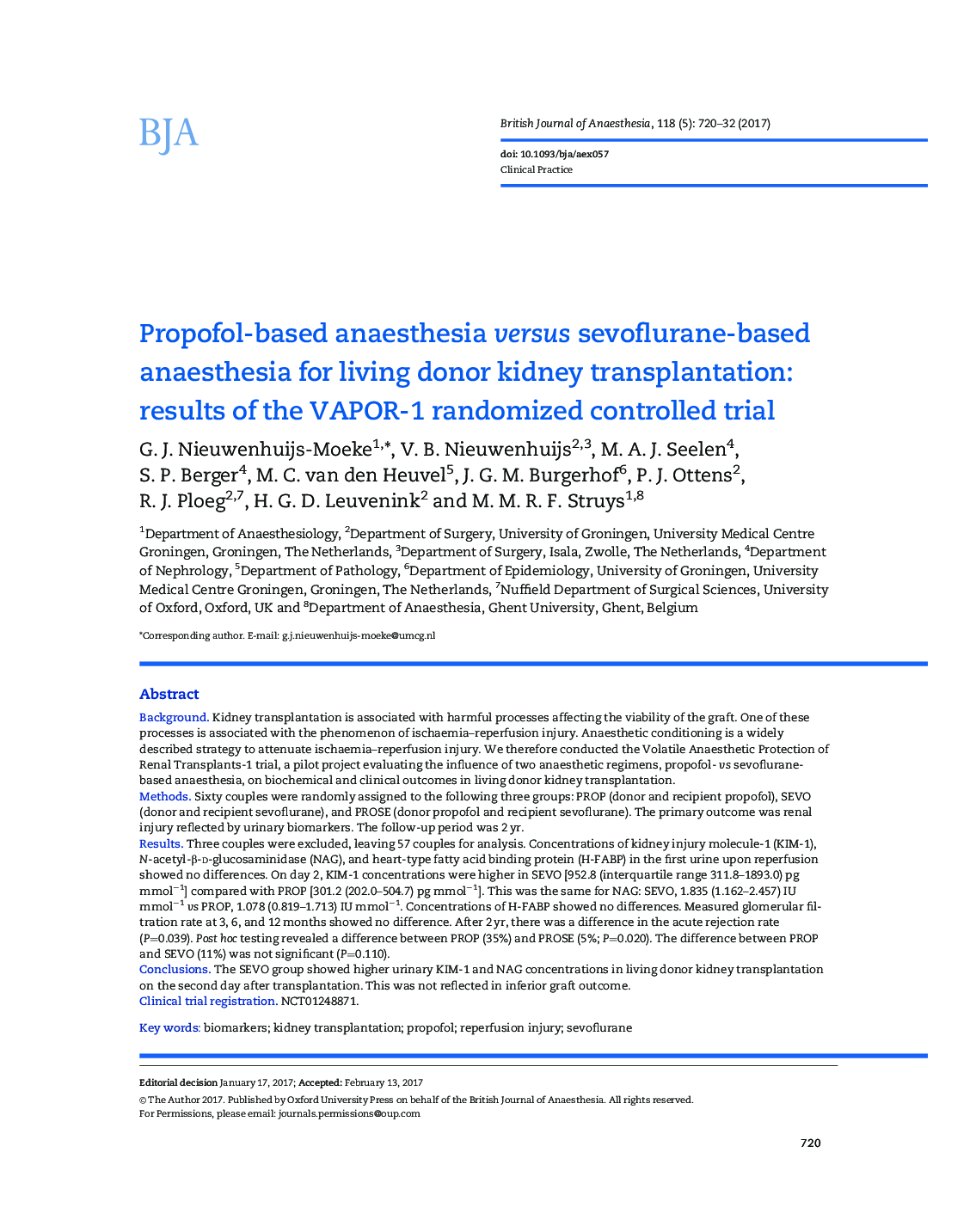 Propofol-based anaesthesia versus sevoflurane-based anaesthesia for living donor kidney transplantation: results of the VAPOR-1 randomized controlled trial