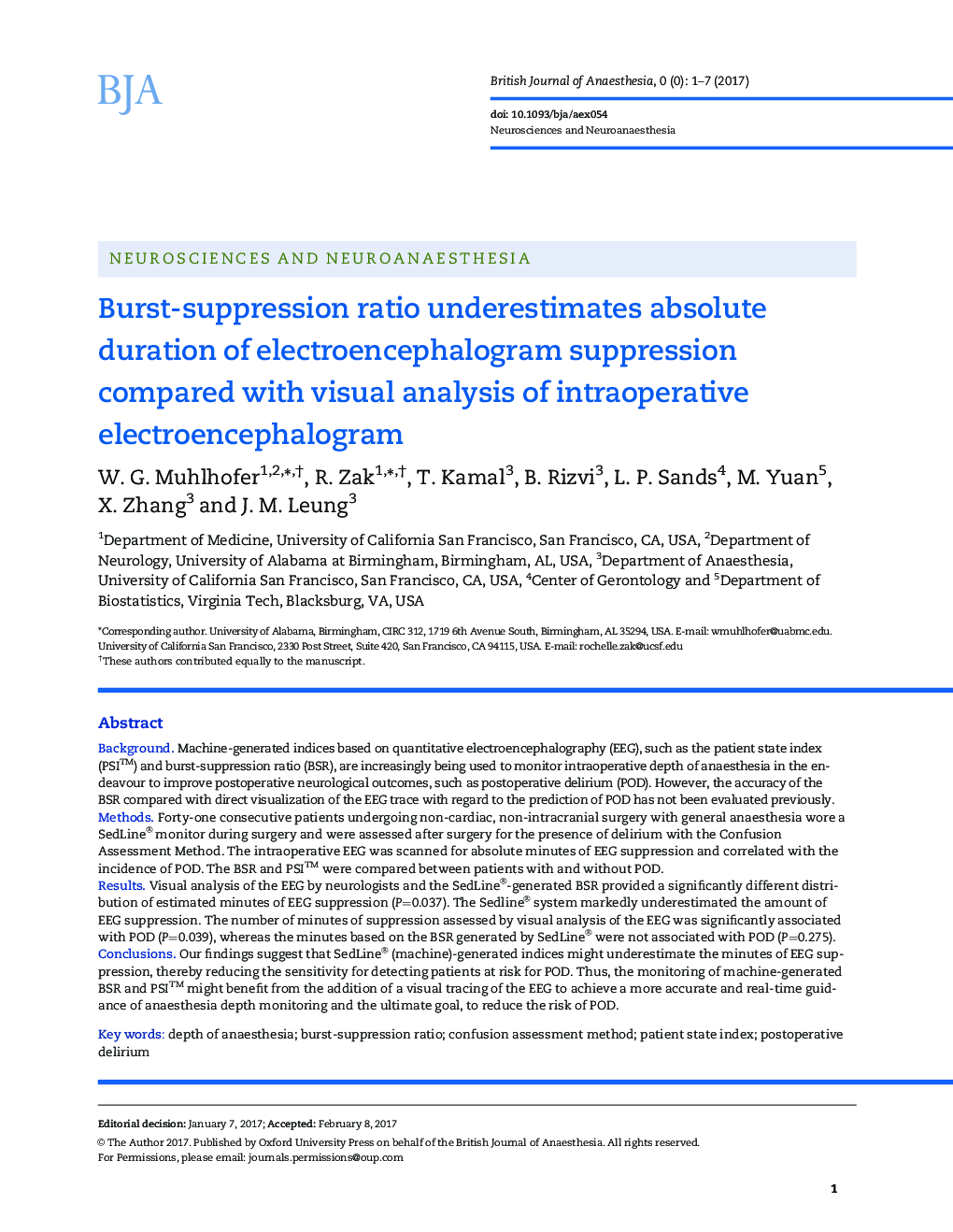 Burst-suppression ratio underestimates absolute duration of electroencephalogram suppression compared with visual analysis of intraoperative electroencephalogram