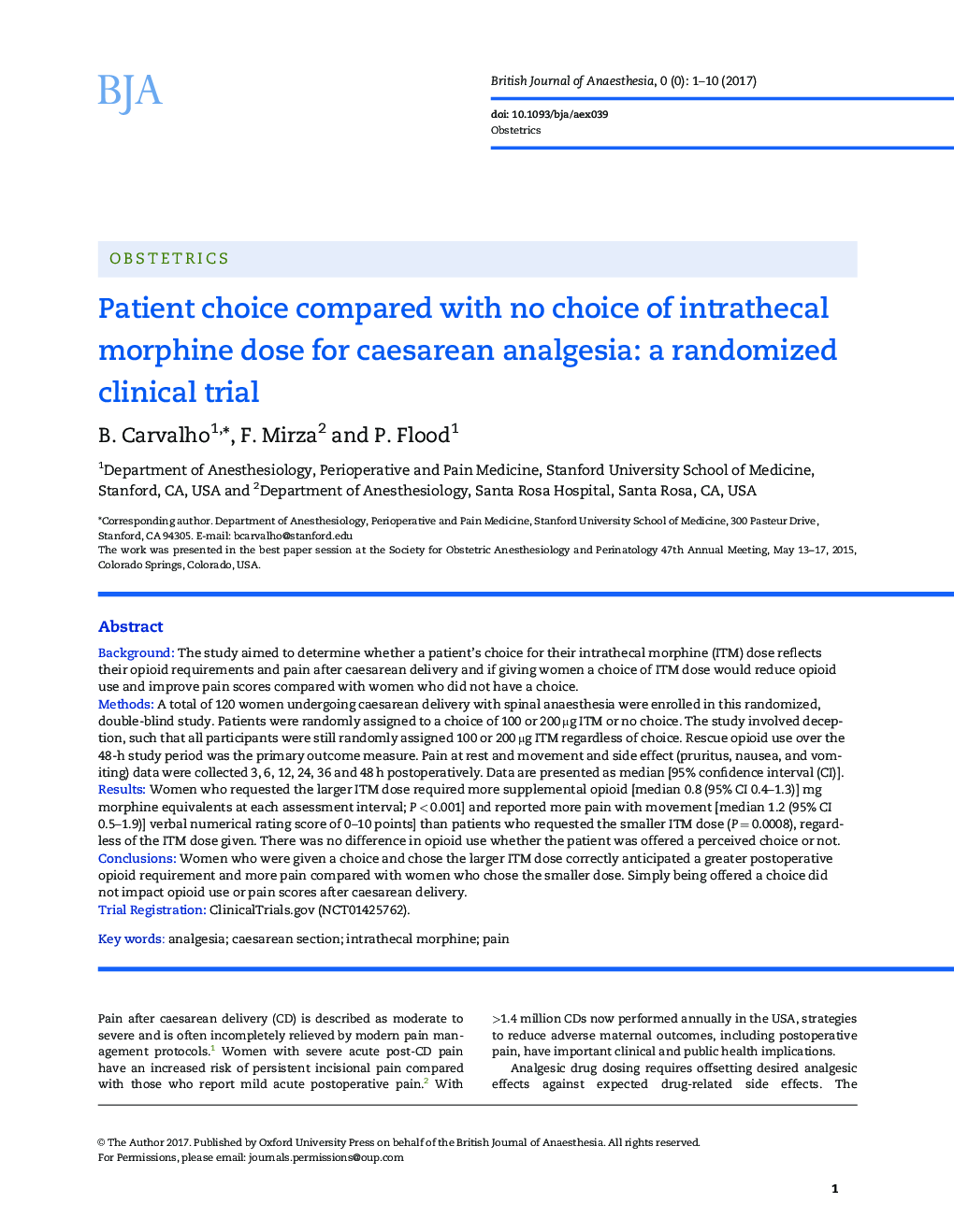 Patient choice compared with no choice of intrathecal morphine dose for caesarean analgesia: a randomized clinical trial