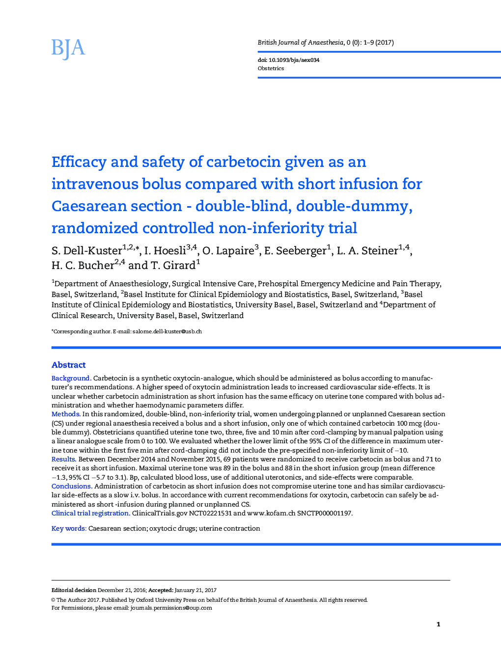 Efficacy and safety of carbetocin given as an intravenous bolus compared with short infusion for Caesarean section - double-blind, double-dummy, randomized controlled non-inferiority trial