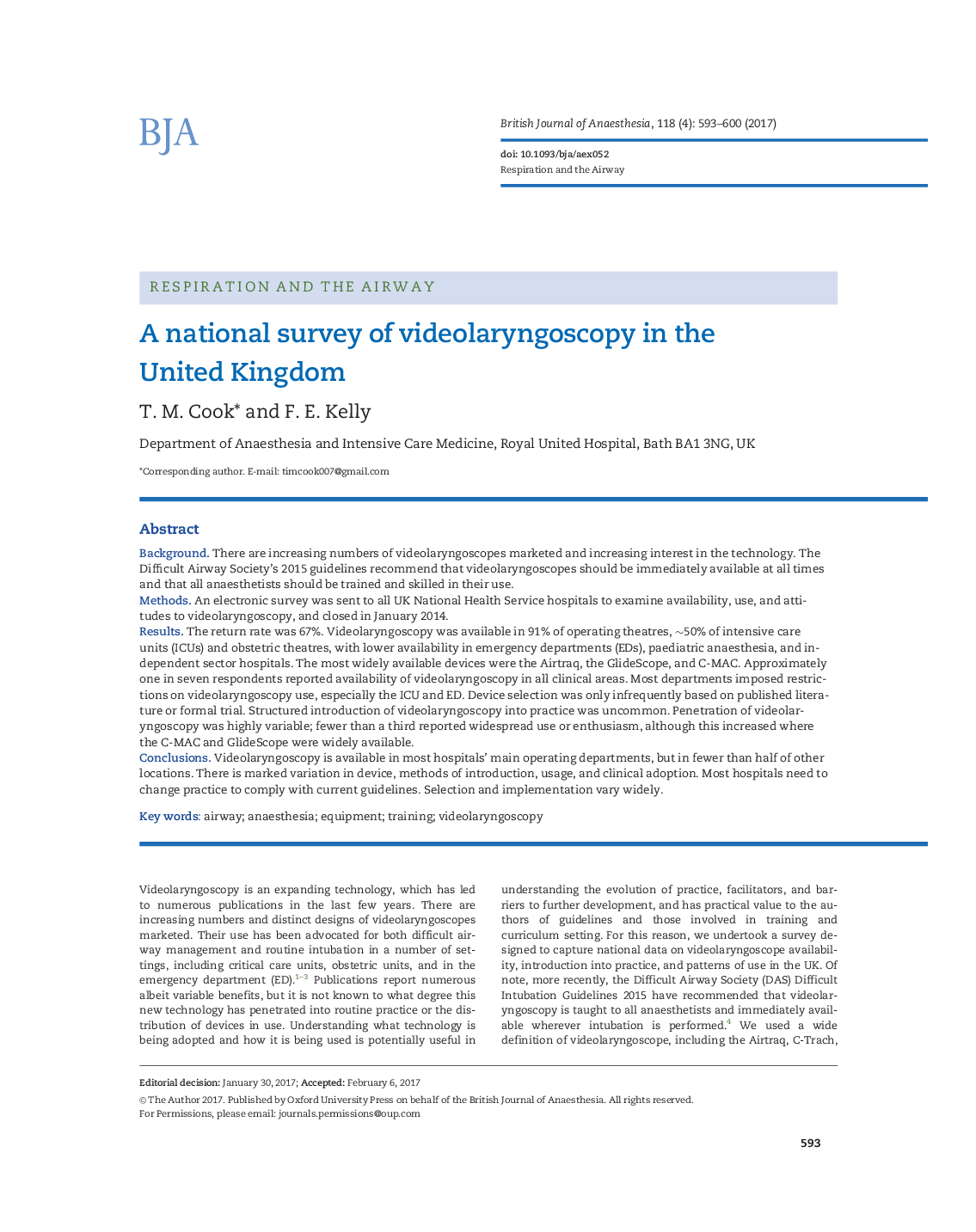 A national survey of videolaryngoscopy in the United Kingdom